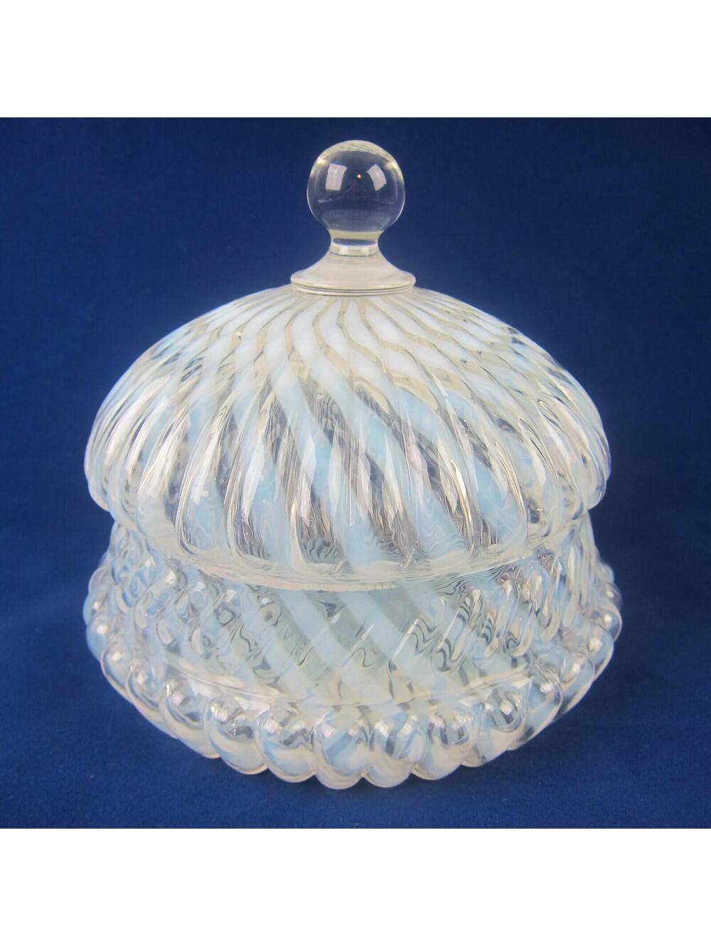 Antique Northwood Chrysanthemum Swirl Opalescent White Glass Jar & Lid 6" RARE